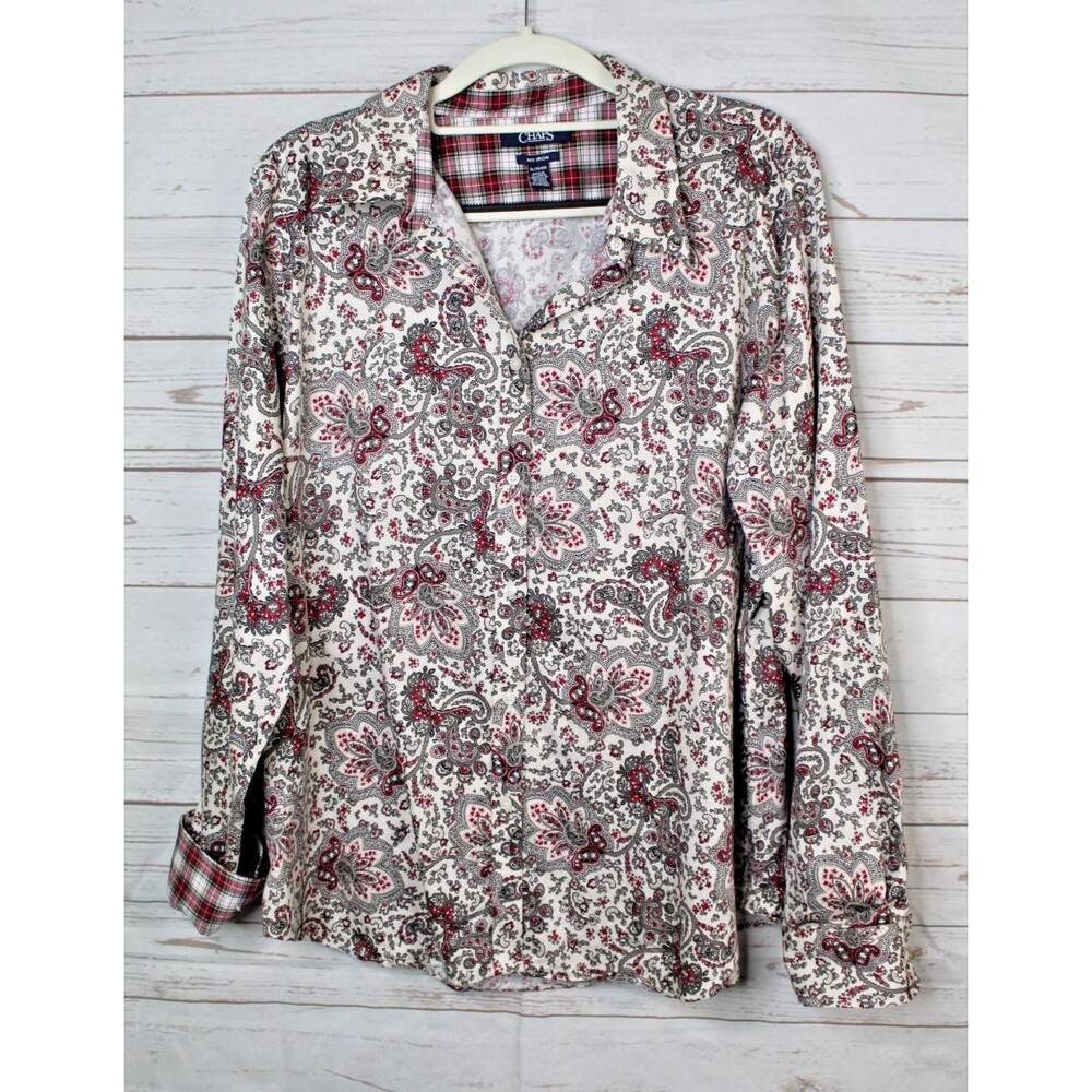 Chaps No Iron Button Front Shirt Top Size XL Paisley Red Black Long Sleeve - Picture 2 of 6